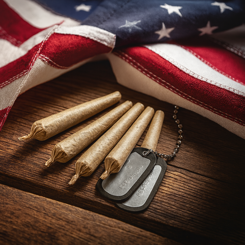 Five cannabis pre-rolls placed beside military dog tags and a folded American flag on a wooden surface.
