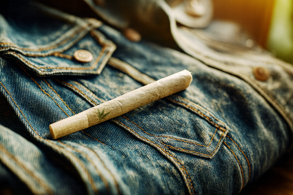 A single cannabis joint resting on a faded blue denim jacket with a cannabis leaf design on the rolling paper.