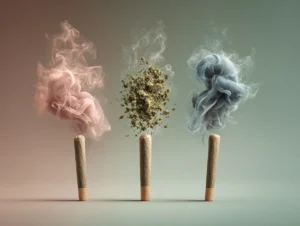 Three cannabis pre-rolls arranged side-by-side, each emitting smoke of different colors (pink, green, blue), with one joint bursting with cannabis flower in a creative and surreal visual.