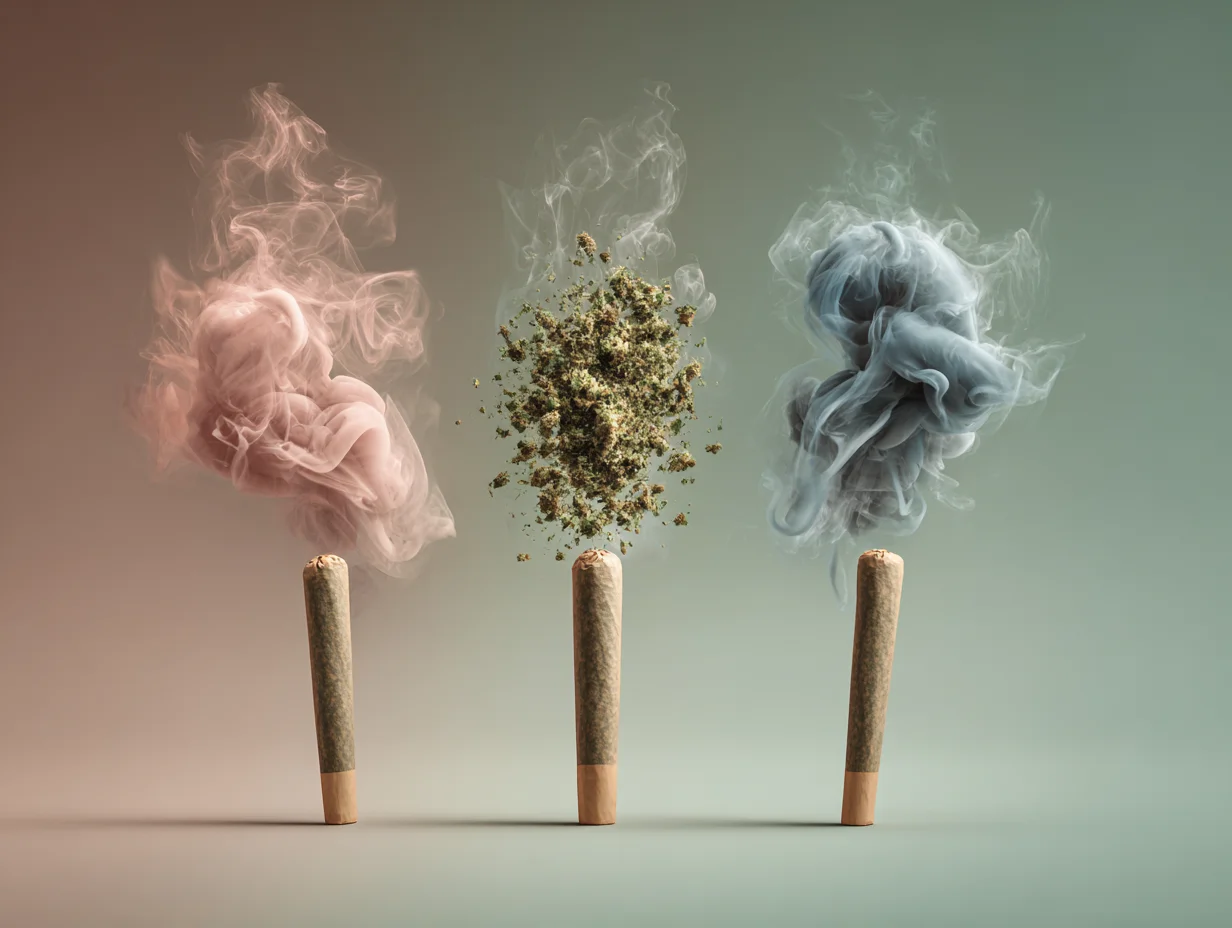 Three cannabis pre-rolls arranged side-by-side, each emitting smoke of different colors (pink, green, blue), with one joint bursting with cannabis flower in a creative and surreal visual.