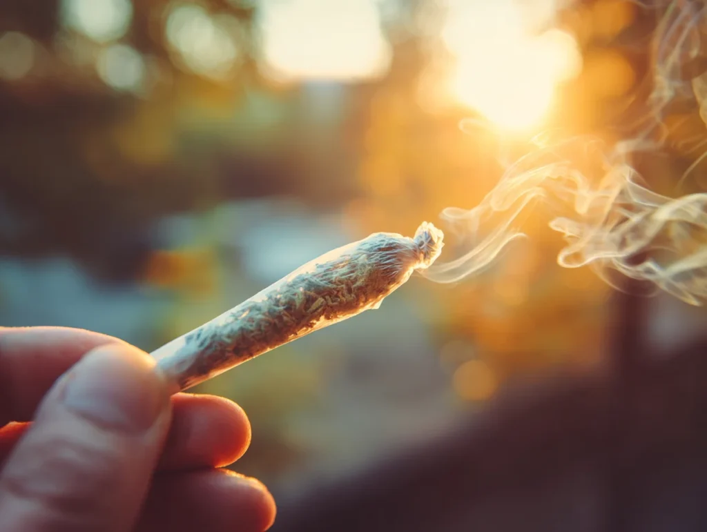 Close-up of a hand holding a lit cannabis joint with smoke trailing off into the sunset.