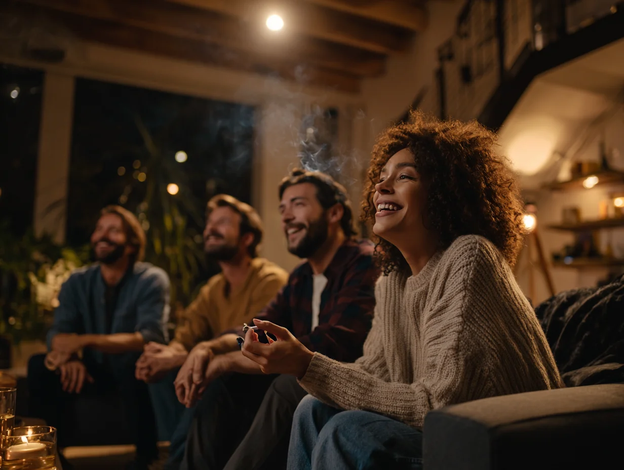 A group of four friends sitting on a couch in a cozy, modern living room at night, smiling and laughing while one woman smokes a cannabis joint, with ambient lighting and visible haze of smoke in the air.