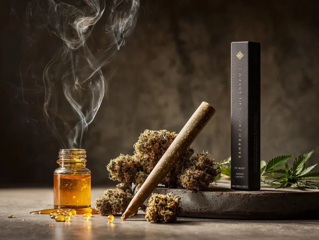 A high-quality cannabis pre-roll placed on a stone surface beside cannabis buds, an amber jar of concentrate emitting smoke, and luxury packaging in a minimal moody background.