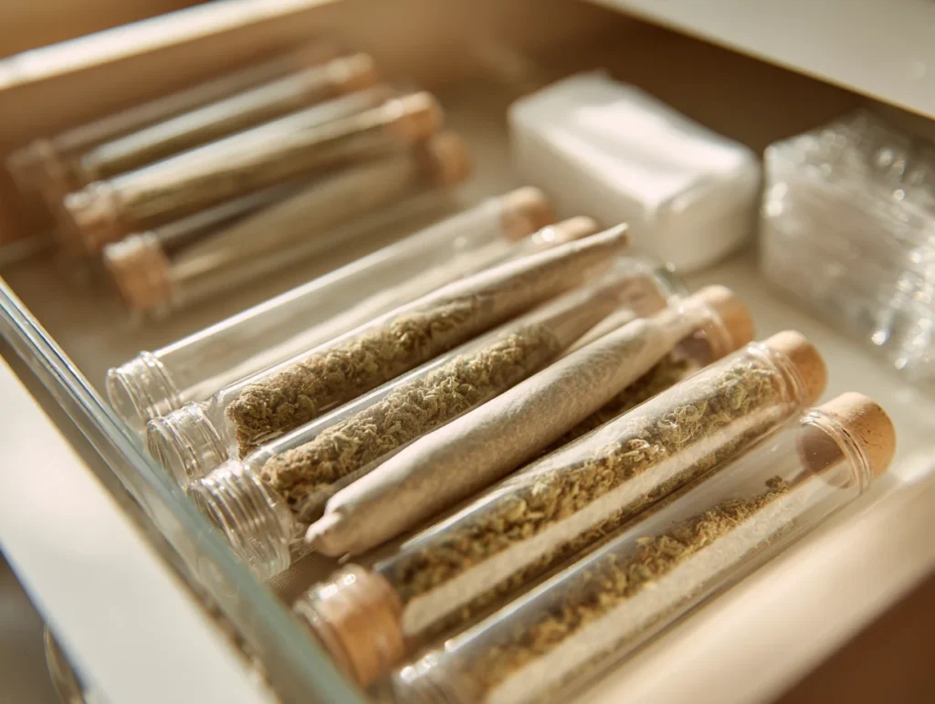A close-up of a hand holding a lit cannabis joint with smoke curling up, against a golden sunset background.