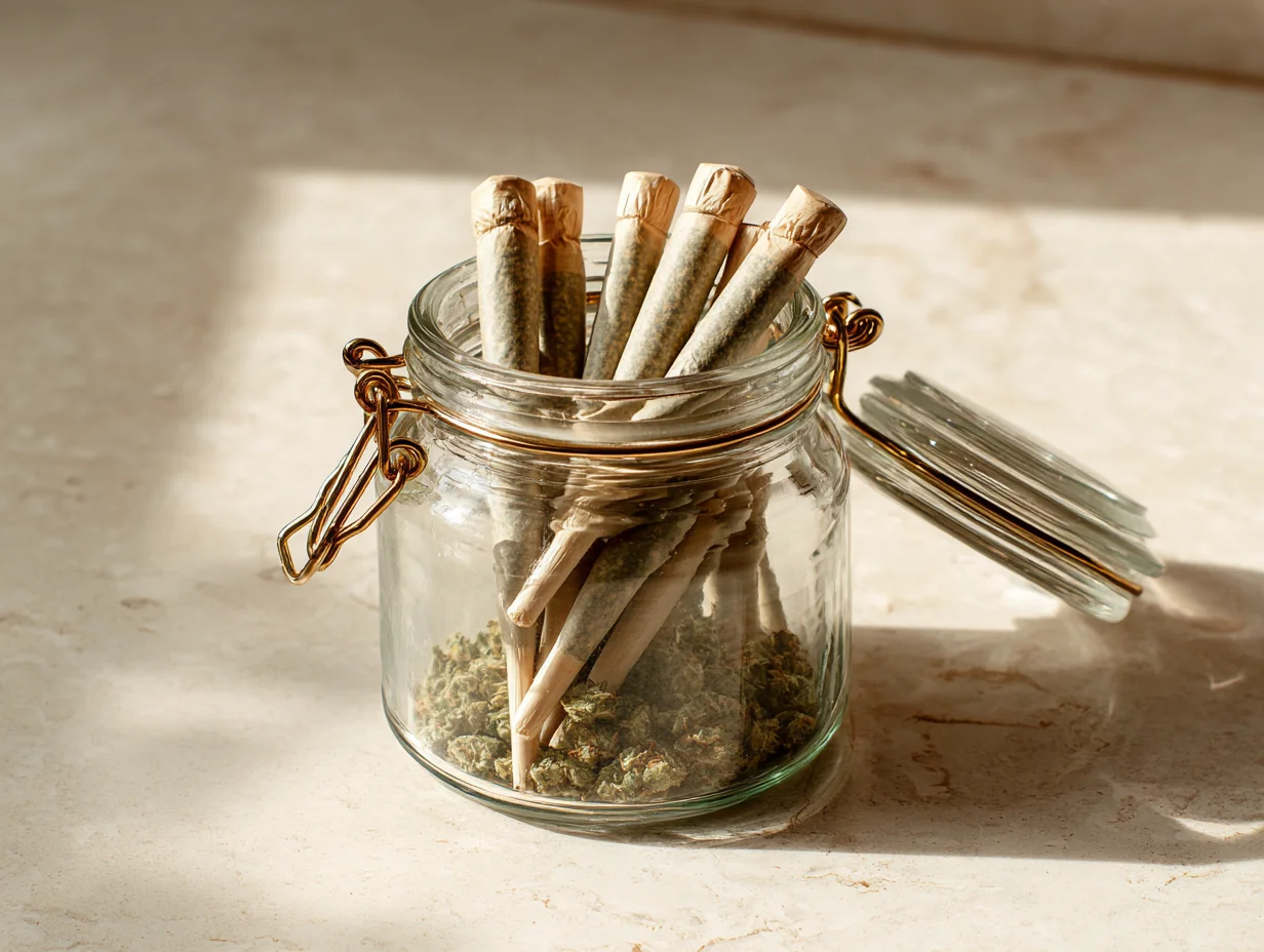 Glass jar filled with cannabis pre-rolls and flower sitting on a sunlit stone countertop.