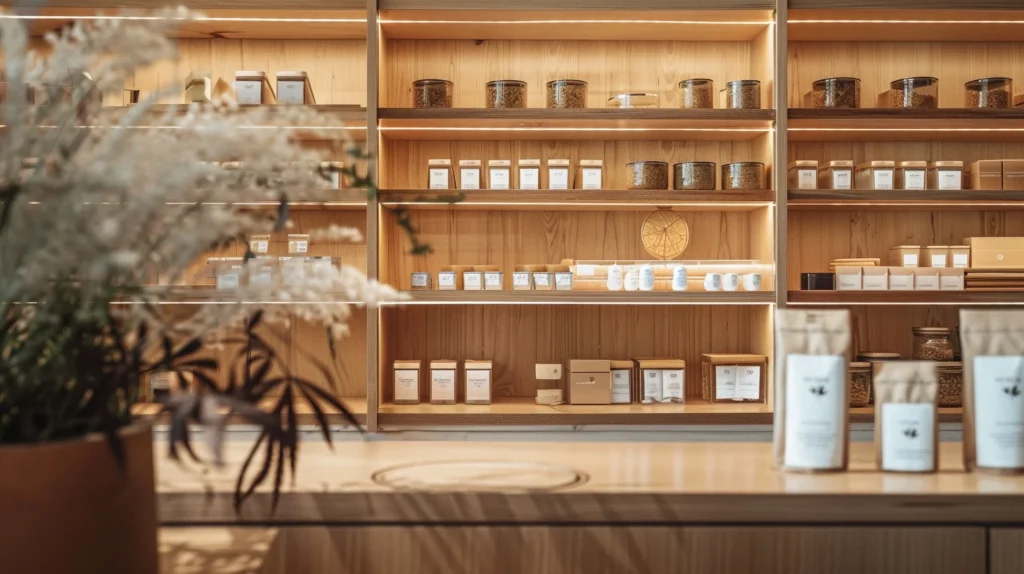 A well-lit, modern cannabis dispensary interior in New York with minimalist wooden shelving displaying jars and neatly packaged cannabis products.