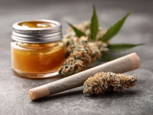 Close-up of a cannabis pre-roll, a nug of flower, and a glass jar of golden cannabis concentrate on a gray surface, with a cannabis leaf in the background.
