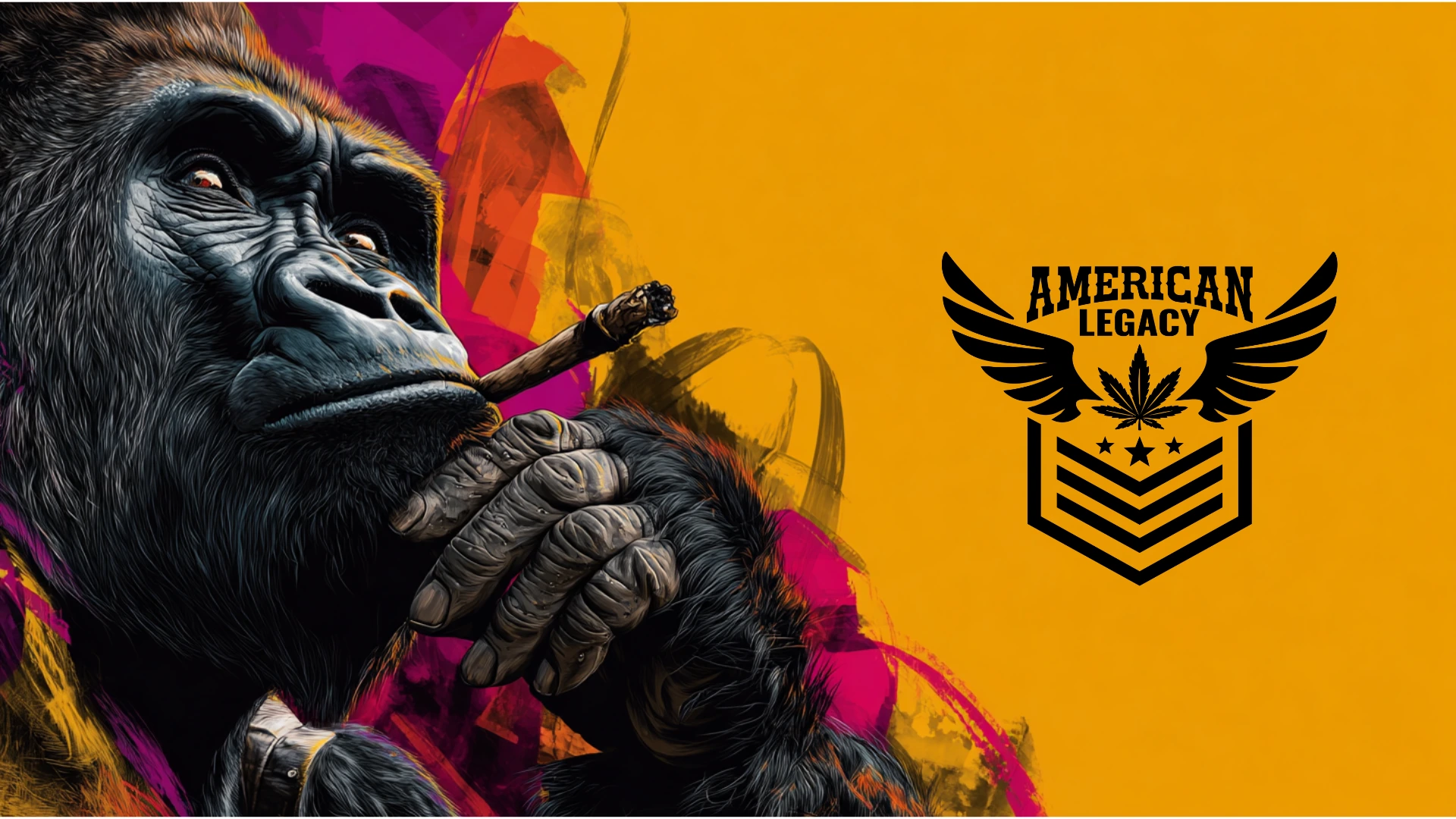 Artistic illustration of a gorilla smoking a blunt with the American Legacy logo on a colorful abstract background.