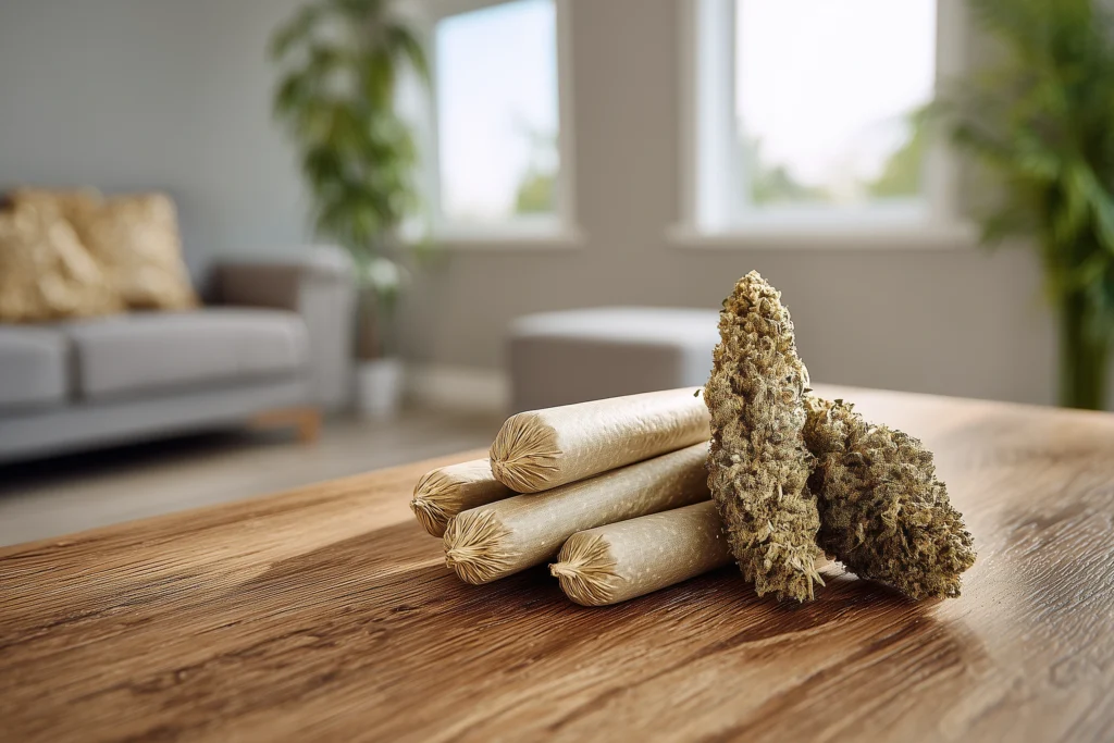 Two cannabis buds and four twisted-end pre-roll joints arranged on a wooden table in a bright, modern living room.