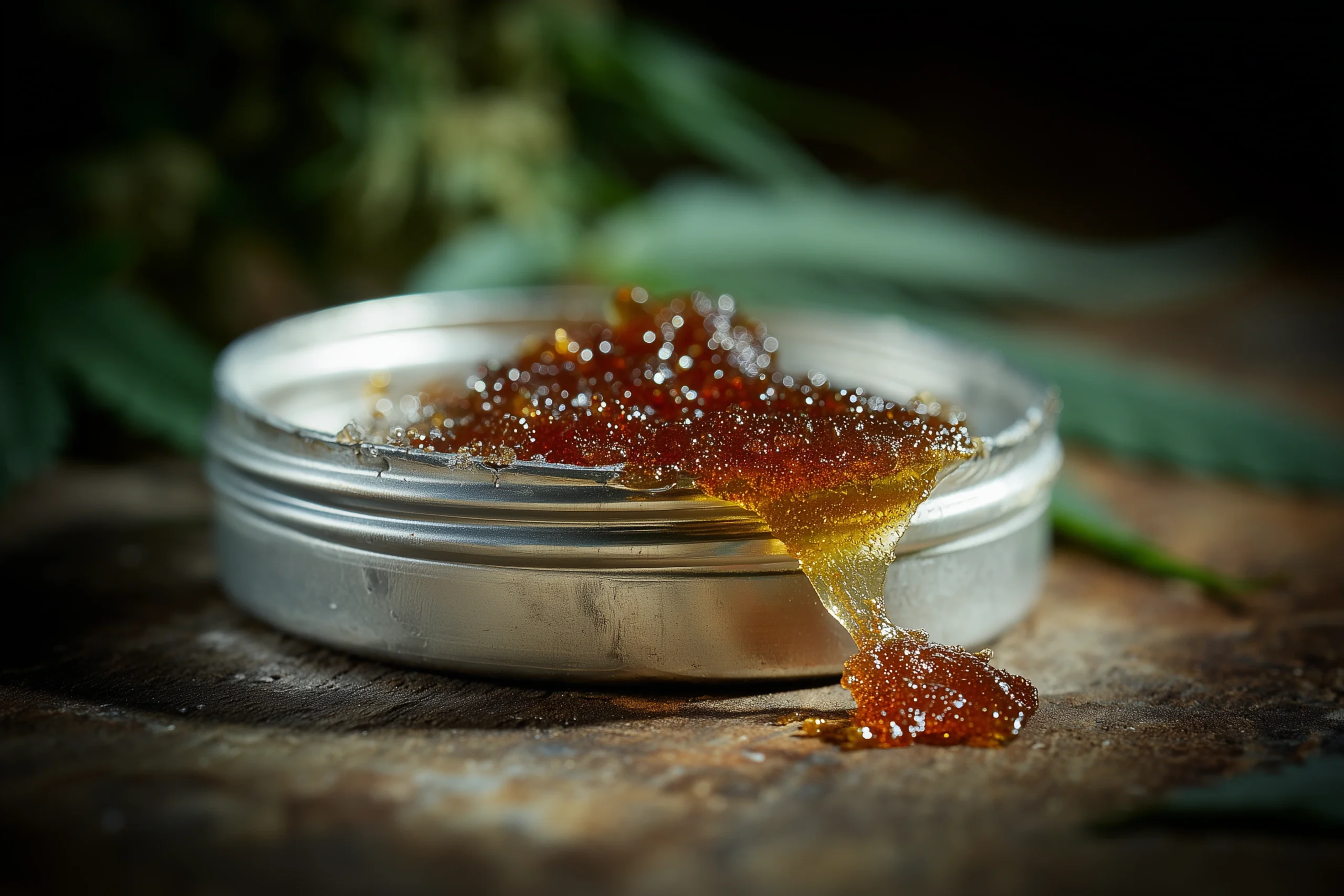 Golden cannabis rosin oozing out of a metal container on a wooden surface, with cannabis leaves blurred in the background.