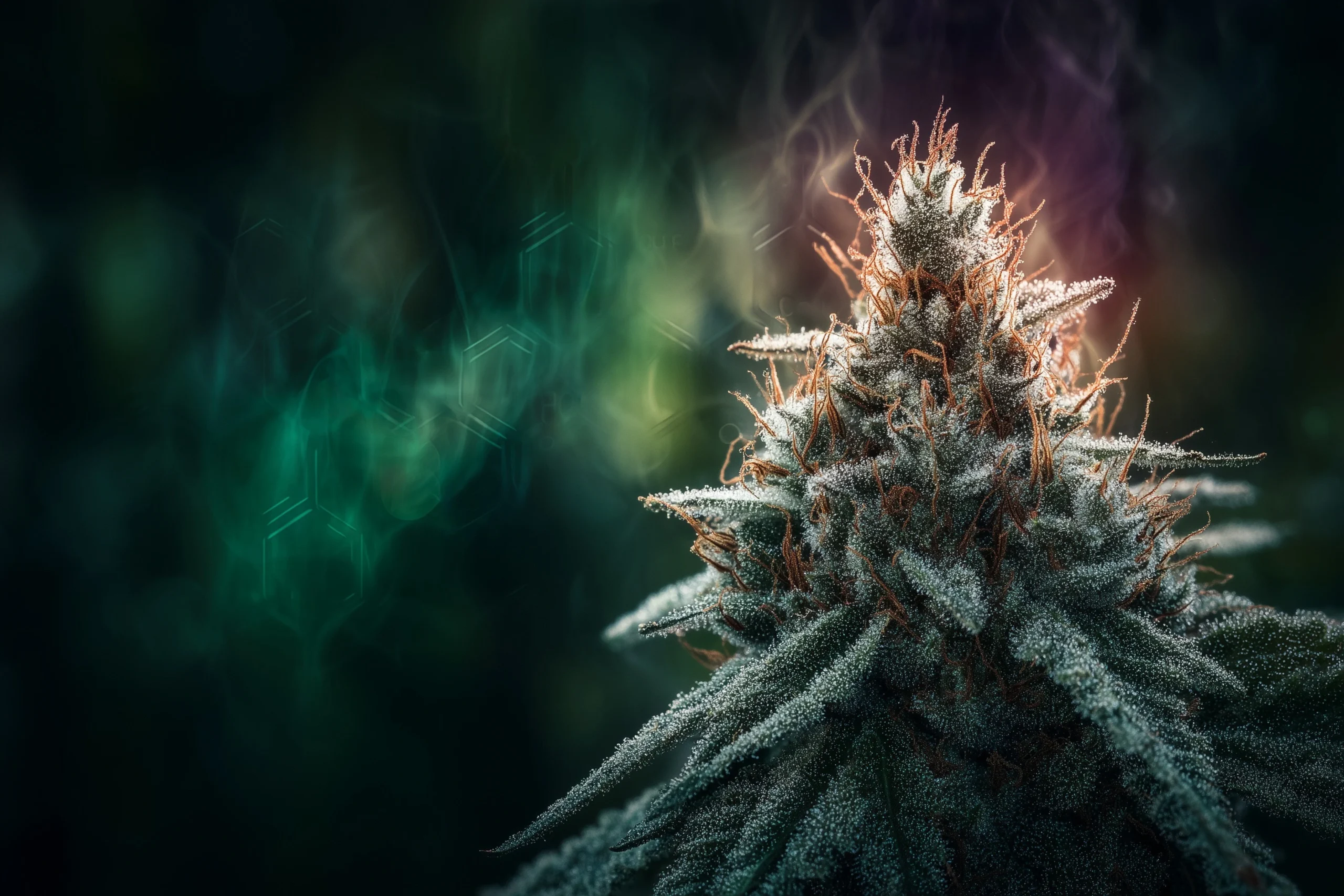 Trichome-rich cannabis flower with glowing pistils, captured in macro for a powerful visual of potency.