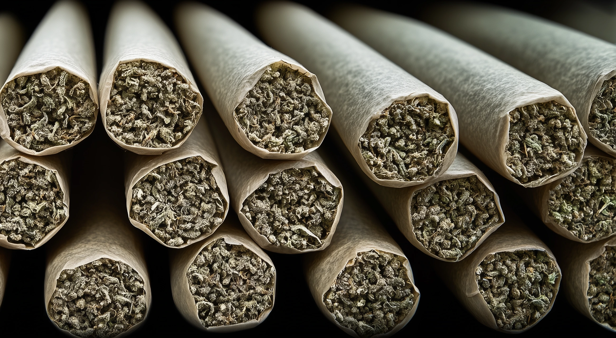 Close-up view of the open ends of multiple cannabis pre-rolls stacked together in tight rows.