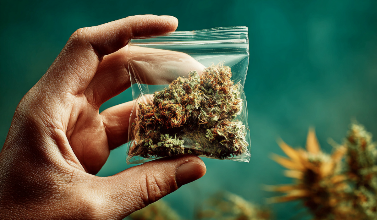 flower-2 man holding thc flower on a plastic bag